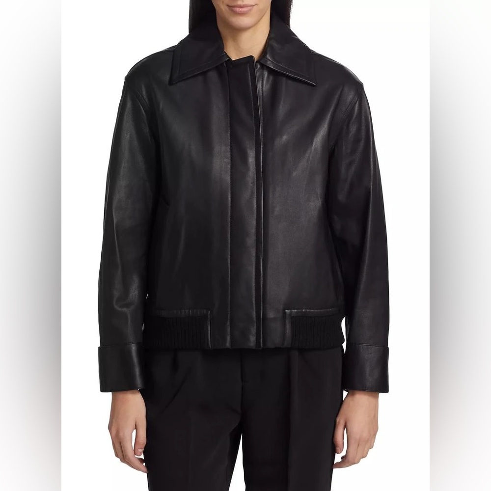 Vince Women’s Classic Oversized Black Leather Bomber Jacket